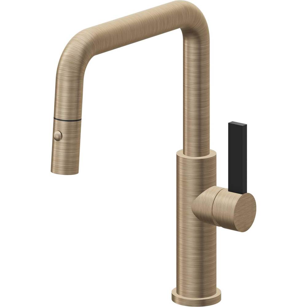 California Faucets - Pull-Down Kitchen Faucet with Button Sprayer  - Quad Spout - Antique Brass Flat