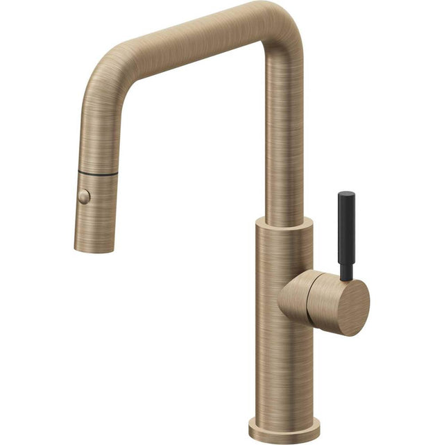 California Faucets - Pull-Down Kitchen Faucet with Button Sprayer  - Quad Spout - Antique Brass Flat