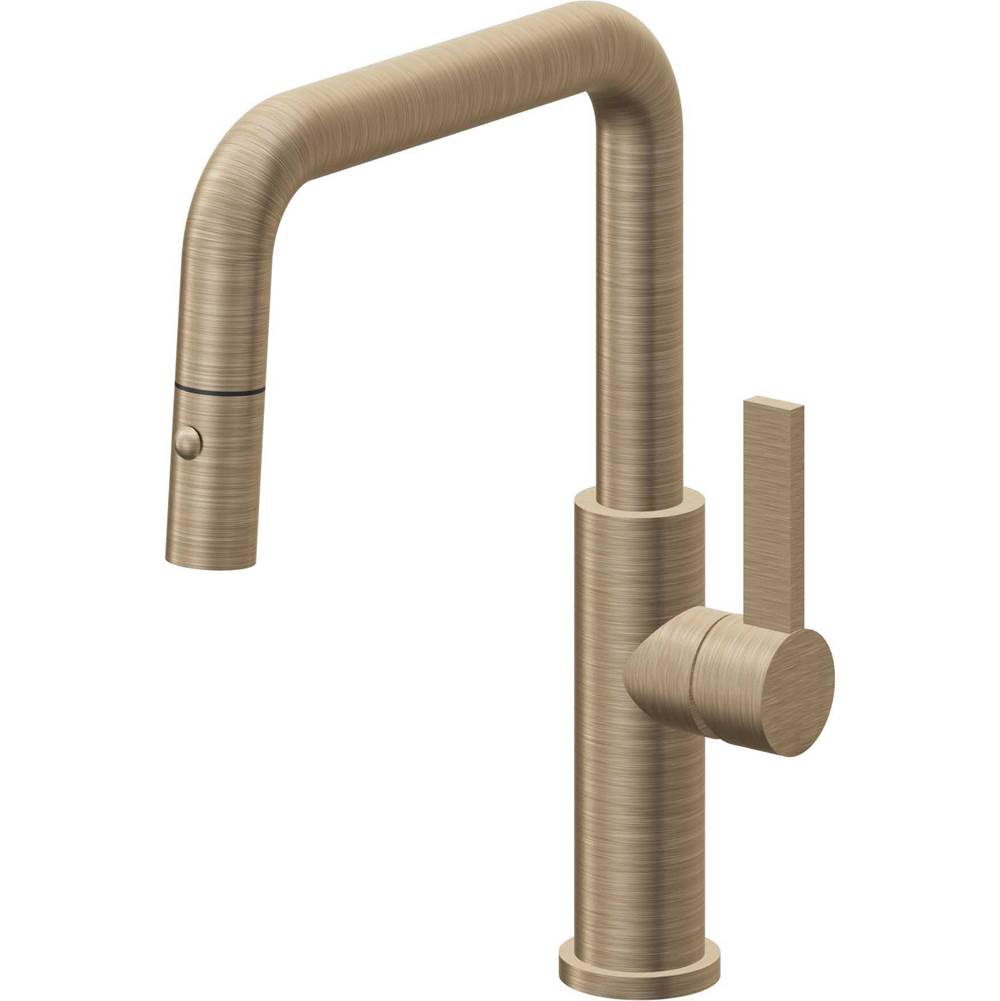 California Faucets - Pull-Down Kitchen Faucet with Button Sprayer  - Quad Spout - Antique Brass Flat