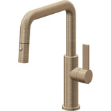 California Faucets - Pull-Down Kitchen Faucet with Button Sprayer  - Quad Spout - Antique Brass Flat
