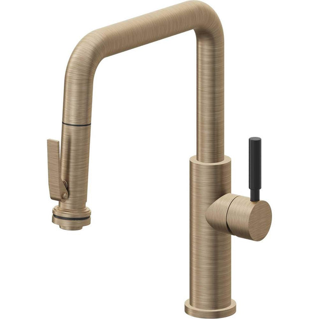 California Faucets - Pull-Down Kitchen Faucet with Squeeze Sprayer  - Quad Spout - Antique Brass Flat