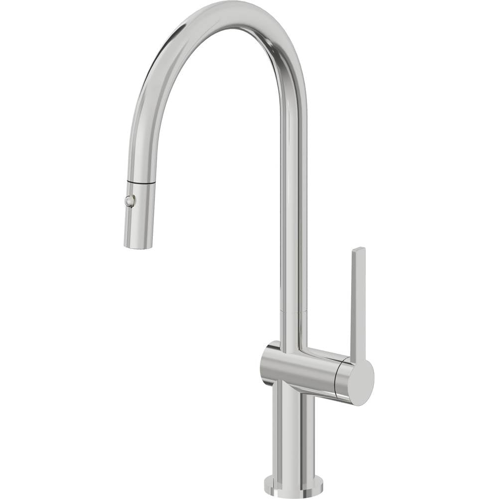 California Faucets - Pull-Down Kitchen Faucet with Button Sprayer  - High Arc Spout - Polished Chrome