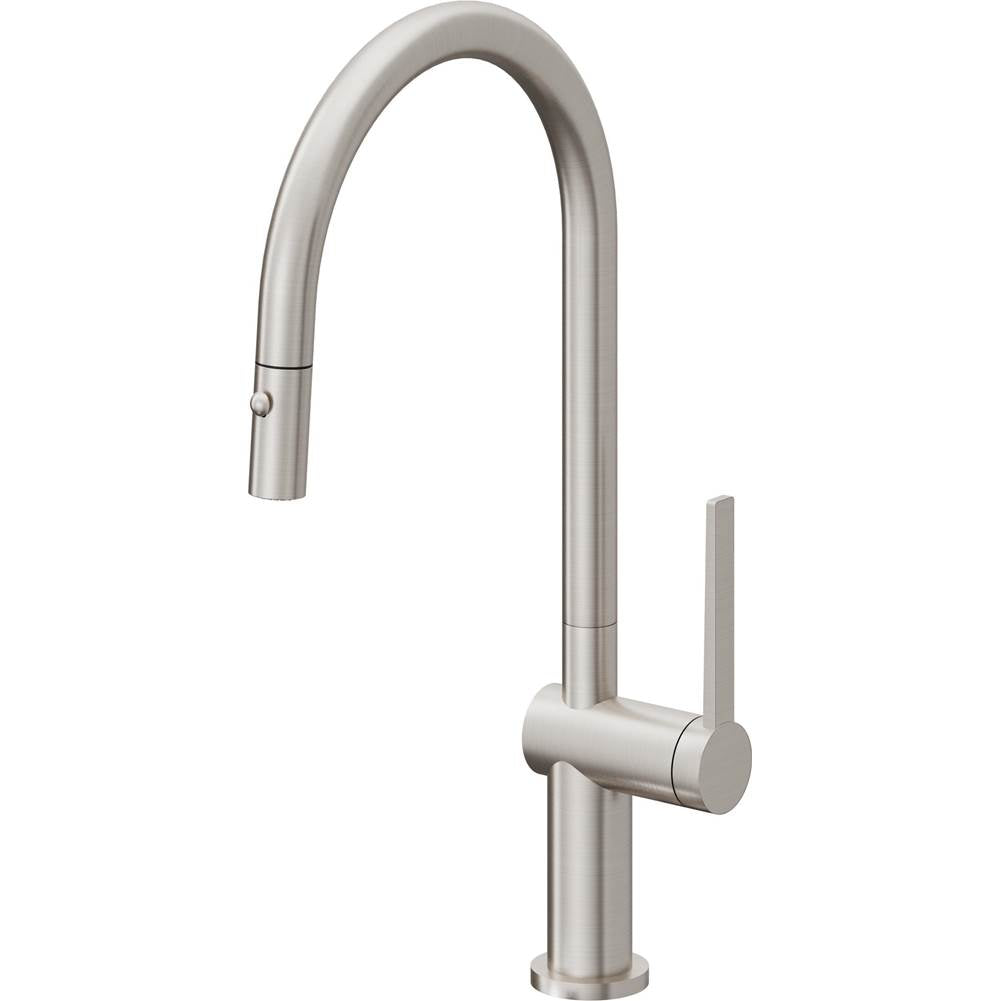 California Faucets - Pull-Down Kitchen Faucet with Button Sprayer  - High Arc Spout - Ultra Stainless Steel Pvd