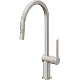 California Faucets - Pull-Down Kitchen Faucet with Button Sprayer  - High Arc Spout - Ultra Stainless Steel Pvd
