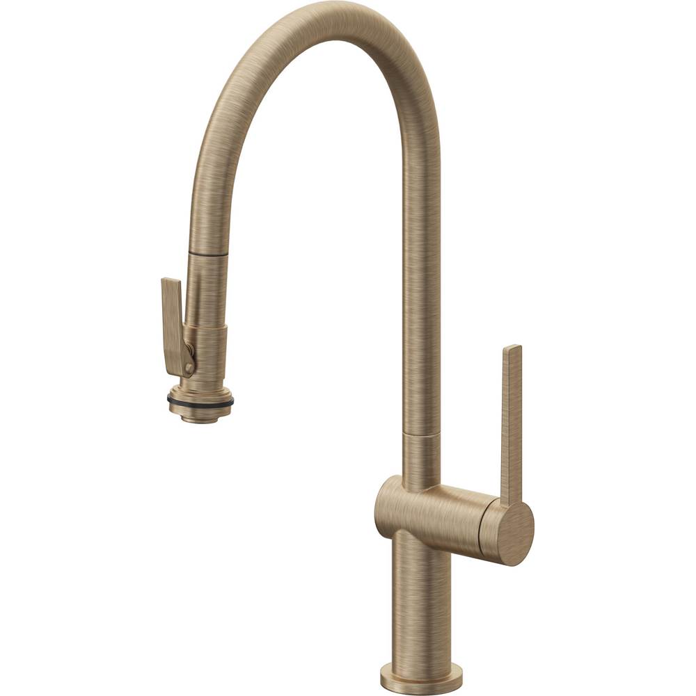 California Faucets - Pull-Down Kitchen Faucet with Squeeze Sprayer  - High Arc Spout - Antique Brass Flat