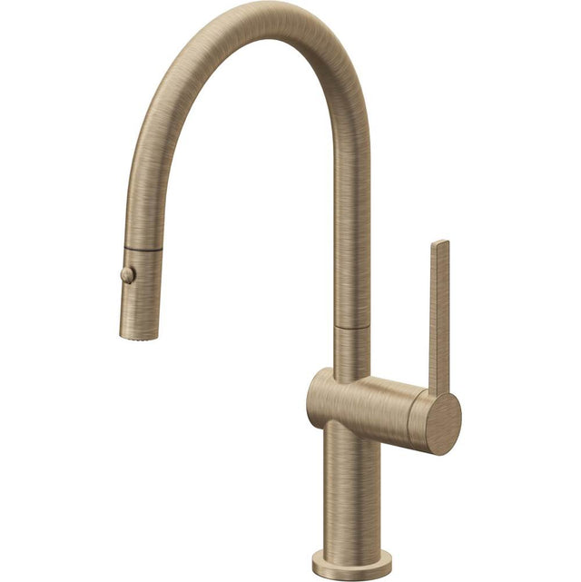 California Faucets - Pull-Down Kitchen Faucet with Button Sprayer  - Low Arc Spout - Antique Brass Flat