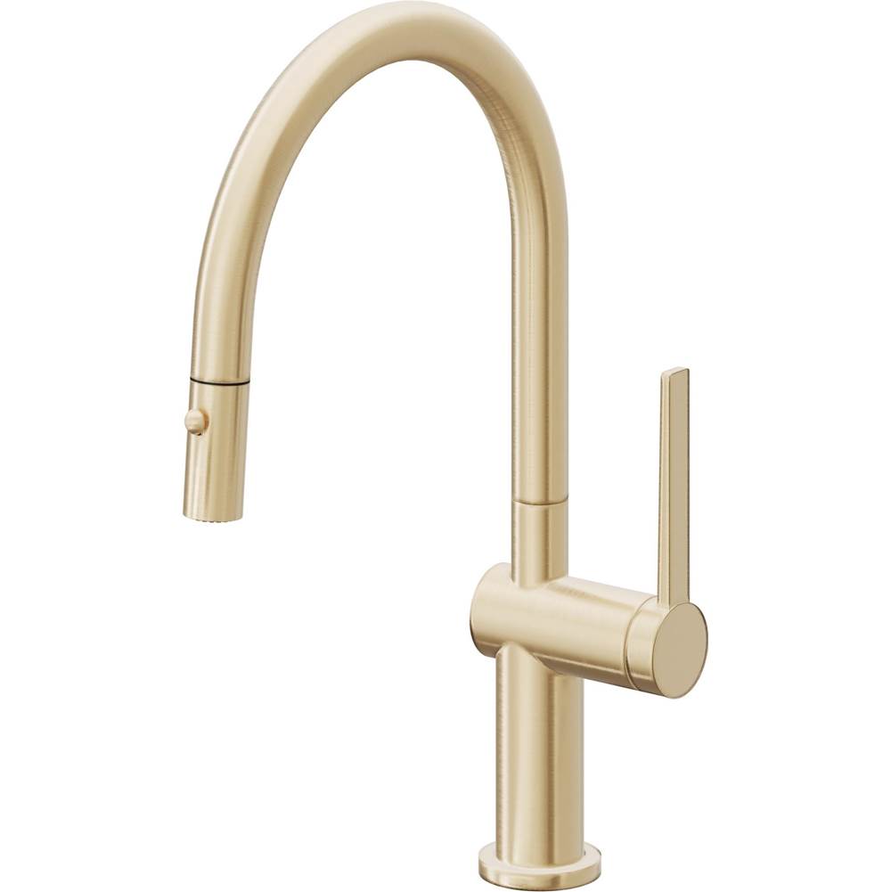 California Faucets - Pull-Down Kitchen Faucet with Button Sprayer  - Low Arc Spout - Satin Brass Pvd