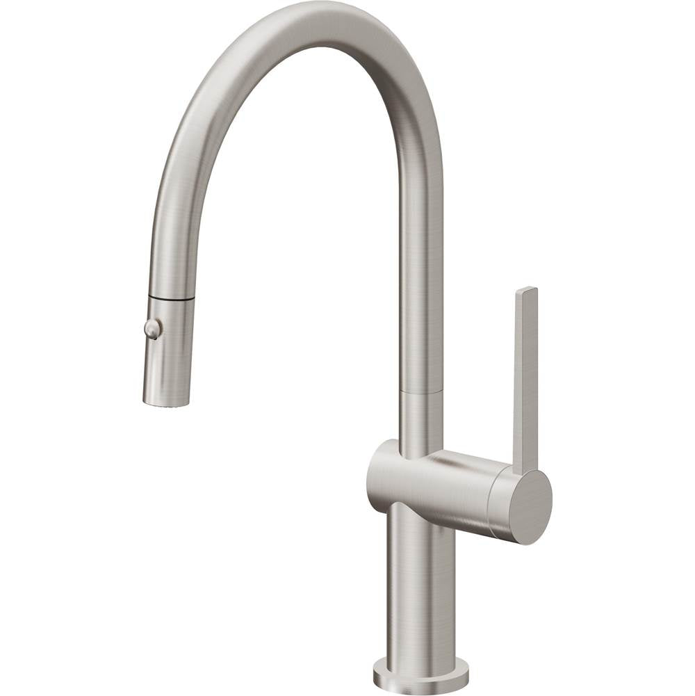 California Faucets - Pull-Down Kitchen Faucet with Button Sprayer  - Low Arc Spout - Ultra Stainless Steel Pvd