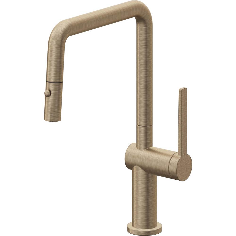 California Faucets - Pull-Down Kitchen Faucet with Button Sprayer  - Quad Spout - Antique Brass Flat