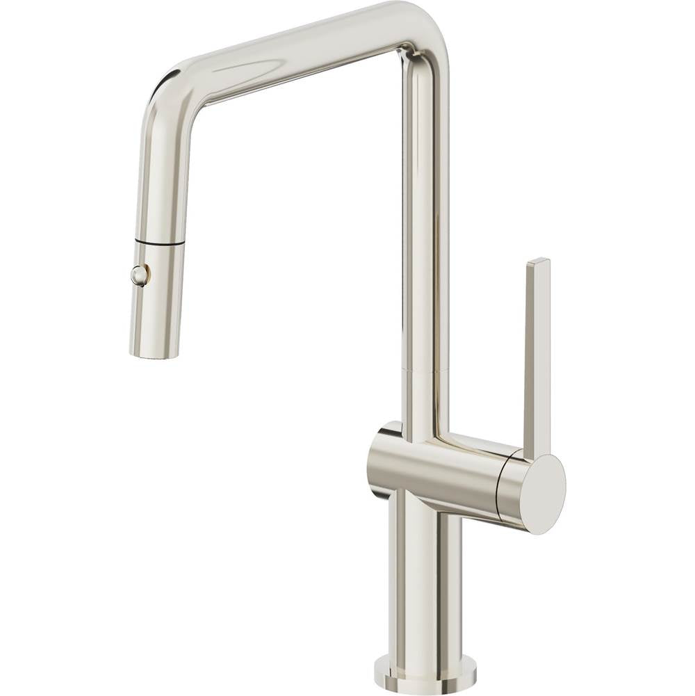 California Faucets - Pull-Down Kitchen Faucet with Button Sprayer  - Quad Spout - Polished Nickel Pvd