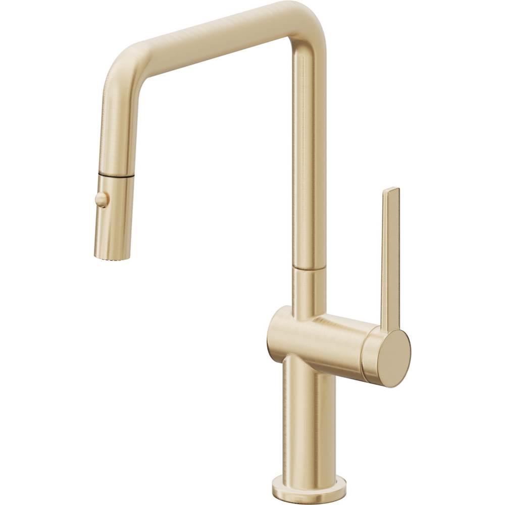 California Faucets - Pull-Down Kitchen Faucet with Button Sprayer  - Quad Spout - Satin Brass Pvd