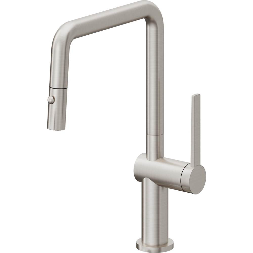 California Faucets - Pull-Down Kitchen Faucet with Button Sprayer  - Quad Spout - Ultra Stainless Steel Pvd