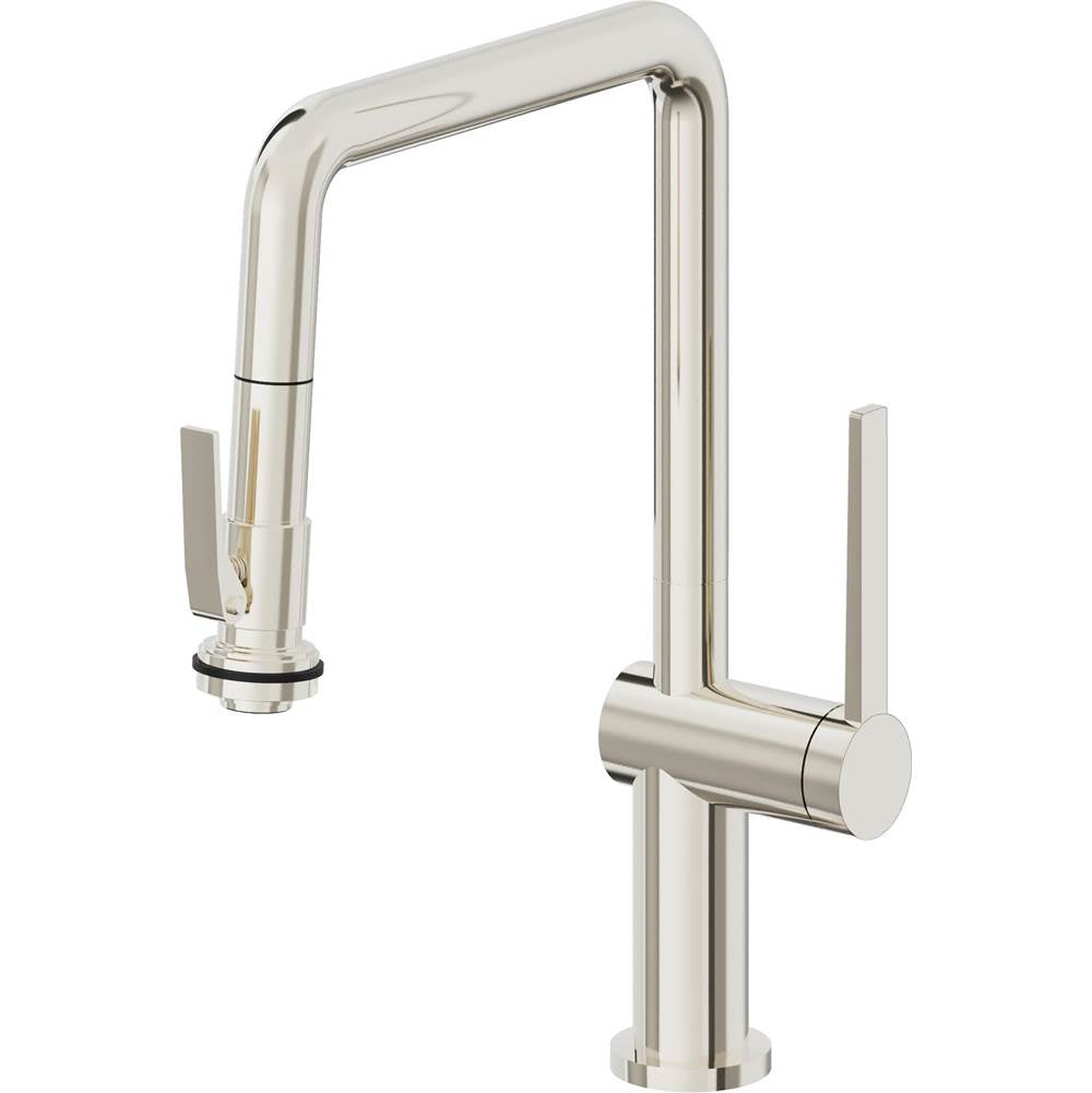 California Faucets - Pull-Down Kitchen Faucet with Squeeze Sprayer  - Quad Spout - Polished Nickel Pvd