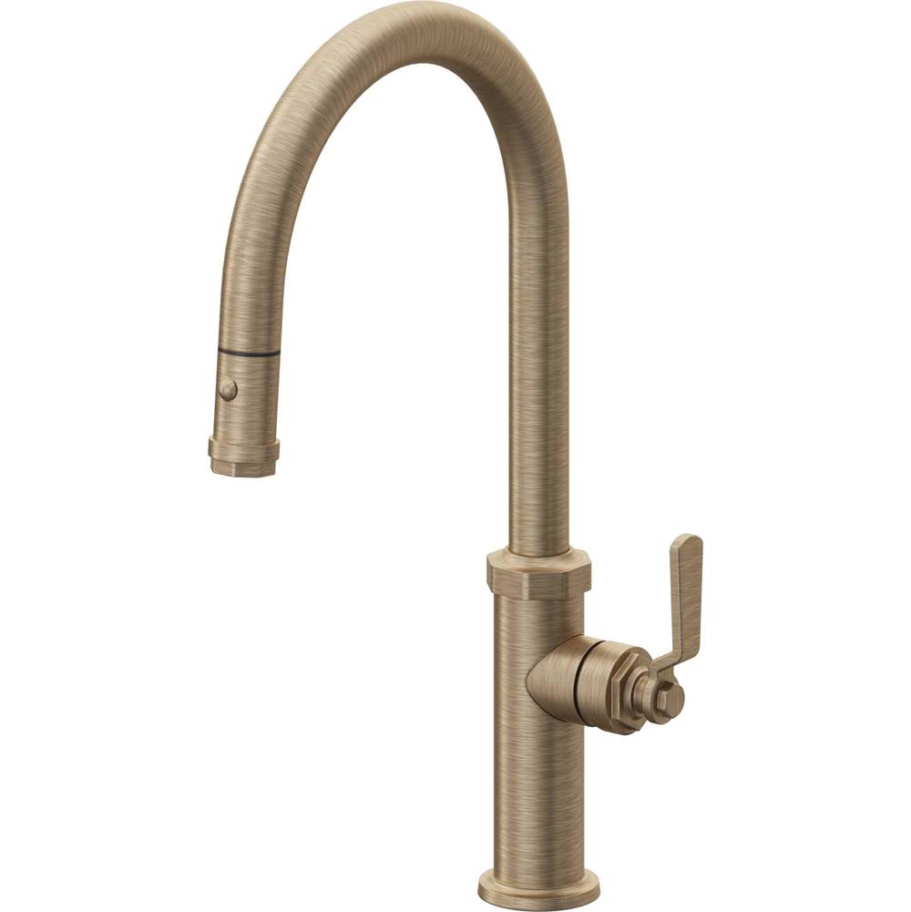 California Faucets - Pull-Down Kitchen Faucet with Button Sprayer  - High Arc Spout - Antique Brass Flat