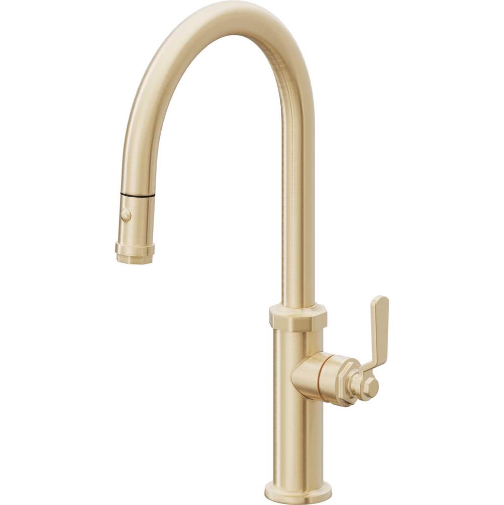 California Faucets - Pull-Down Kitchen Faucet with Button Sprayer  - High Arc Spout - Satin Brass Pvd