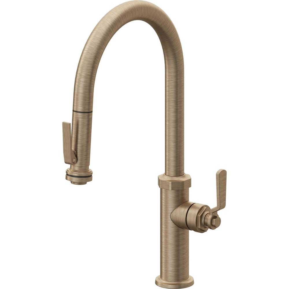 California Faucets - Pull-Down Kitchen Faucet with Squeeze Sprayer  - High Arc Spout - Antique Brass Flat