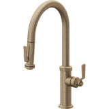 California Faucets - Pull-Down Kitchen Faucet with Squeeze Sprayer  - High Arc Spout - Antique Brass Flat