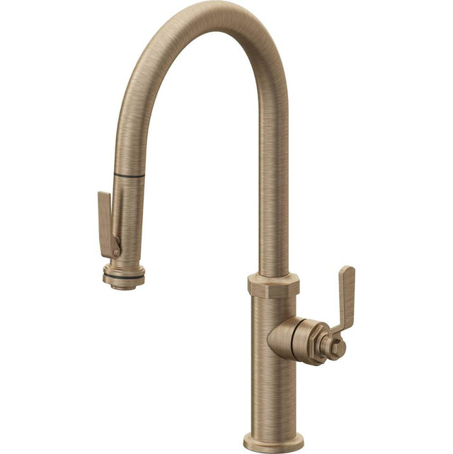California Faucets - Pull-Down Kitchen Faucet with Squeeze Sprayer  - High Arc Spout - Antique Brass Flat