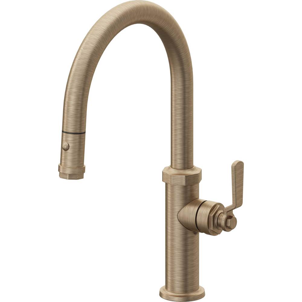 California Faucets - Pull-Down Kitchen Faucet with Button Sprayer  - Low Arc Spout - Antique Brass Flat