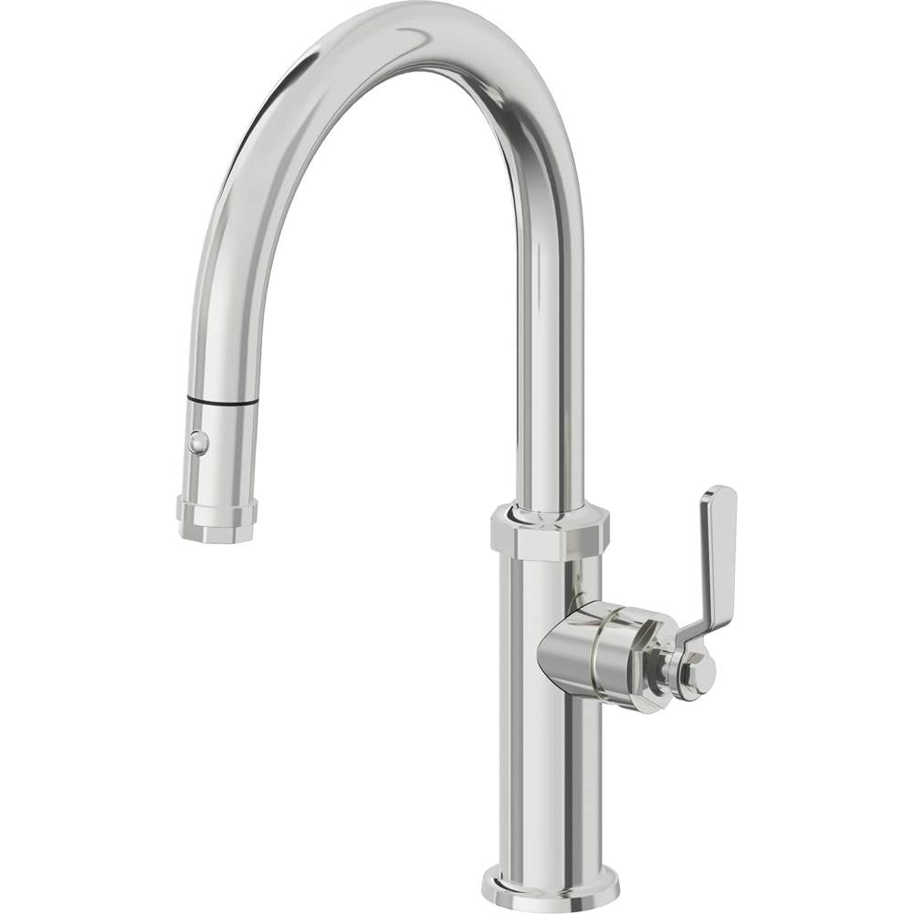 California Faucets - Pull-Down Kitchen Faucet with Button Sprayer  - Low Arc Spout - Polished Chrome