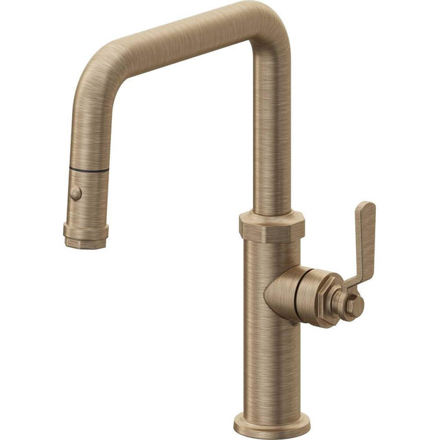 California Faucets - Pull-Down Kitchen Faucet with Button Sprayer  - Quad Spout - Antique Brass Flat