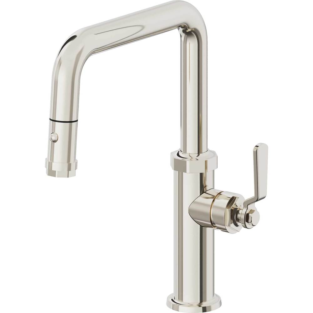 California Faucets - Pull-Down Kitchen Faucet with Button Sprayer  - Quad Spout - Polished Nickel Pvd