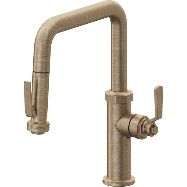 California Faucets - Pull-Down Kitchen Faucet with Squeeze Sprayer  - Quad Spout - Antique Brass Flat