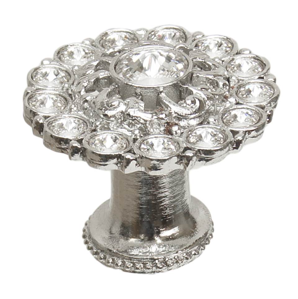 Carpe Diem Hardware - Cache Large Round Knob With Flared Foot With Swarovski Clear Crystals In Platinum. - Platinum