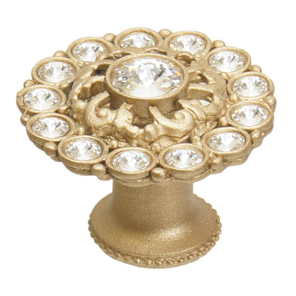 Carpe Diem Hardware - Cache Large Round Knob With Flared Foot With Swarovski Clear Crystals In Soft Gold. - Soft Gold