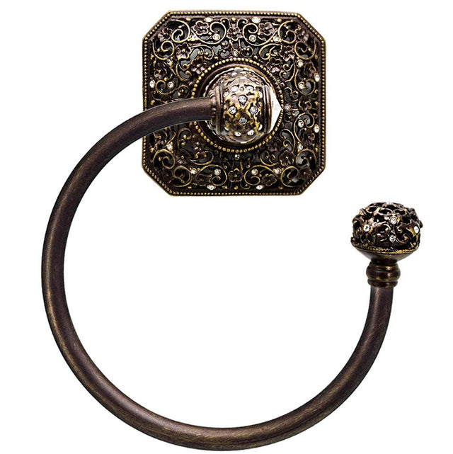 Carpe Diem Hardware - Juliane Grace Swing Towel Reeded Ring Right With 131 Swarovski Clear Crystals - Antique Brass