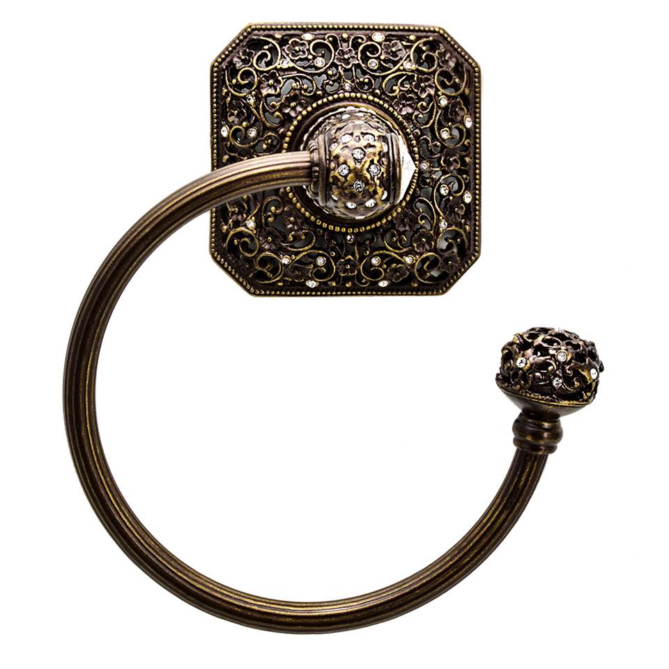 Carpe Diem Hardware - Juliane Grace Swing Towel Reeded Ring Right With 131 Swarovski Clear Crystals - Antique Brass
