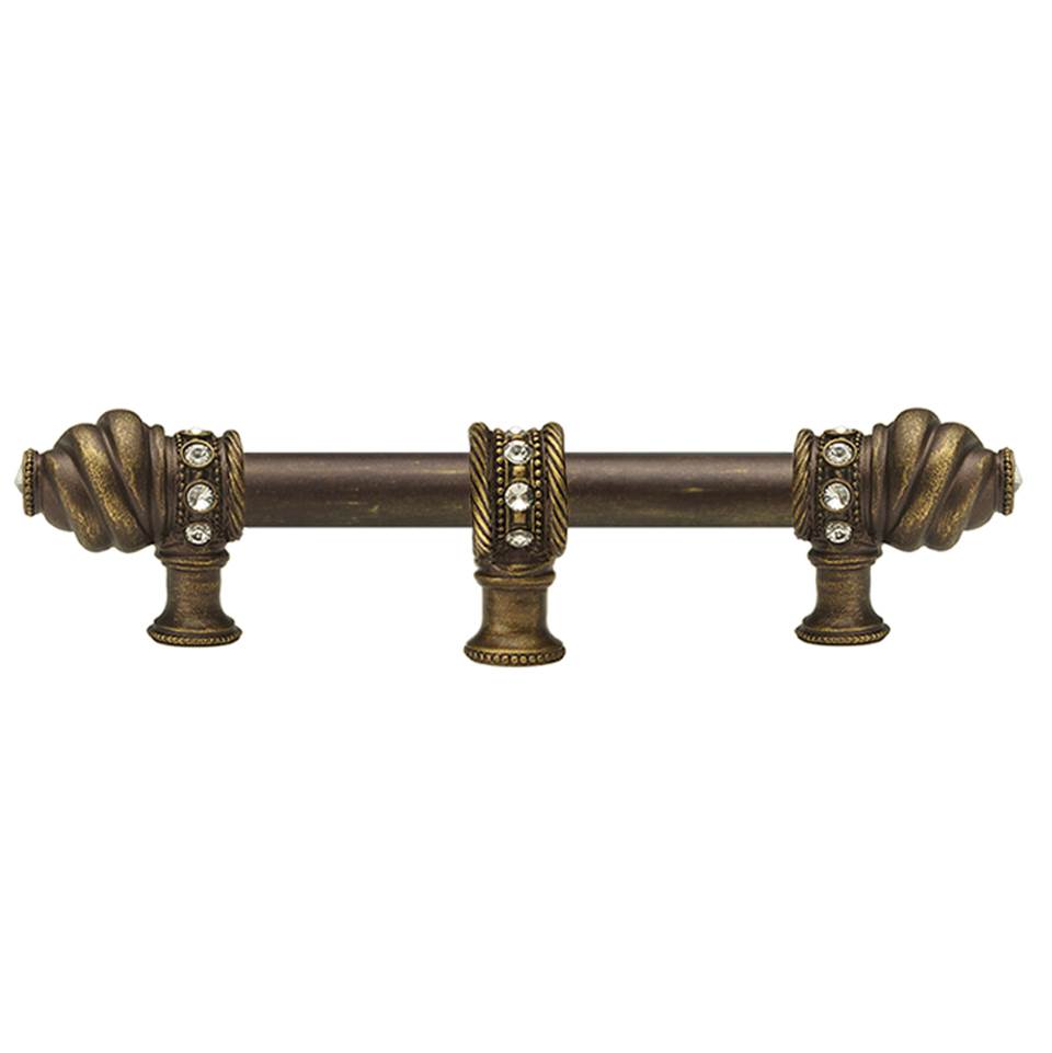 Carpe Diem Hardware - Cache 6'' O.C. (Approximately) With 5/8'' Smooth Center Long Pull and Center Brace With 16 Rivoli Swarovski Clear Crystals In Antique Brass. - Antique Brass