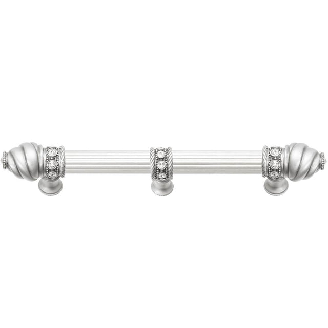 Carpe Diem Hardware - Cache 6'' O.C. (Approximately) With 5/8'' Reeded Center Long Pull and Center Brace With 16 Rivoli Swarovski Clear Crystals In Satin - Satin