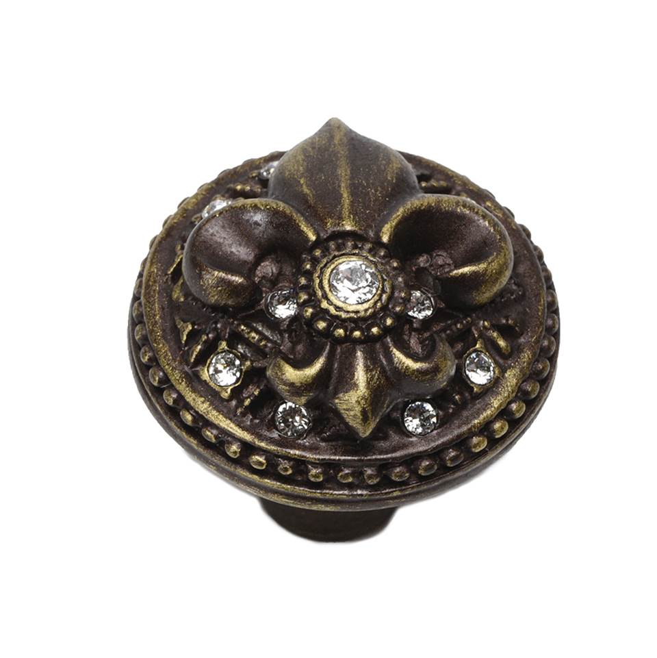 Carpe Diem Hardware - Carpe Diem Hardware 7605-3C Versailles Antique Brass Large Round Knob Fleur De Lys W/ Swarovski Crystals - Antique Brass