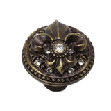 Carpe Diem Hardware - Carpe Diem Hardware 7605-3C Versailles Antique Brass Large Round Knob Fleur De Lys W/ Swarovski Crystals - Antique Brass