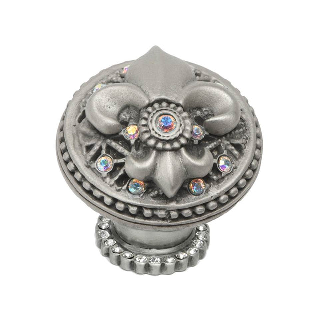 Carpe Diem Hardware - Carpe Diem Hardware 7605H-11Ab Versailles Satin Large Round Knob Fleur De Lys W/ Swarovski Crystals And Halo Platform - Satin