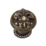 Carpe Diem Hardware - Carpe Diem Hardware 7605H-3C Versailles Antique Brass Large Round Knob Fleur De Lys W/ Swarovski Crystals And Halo Platform - Antique Brass