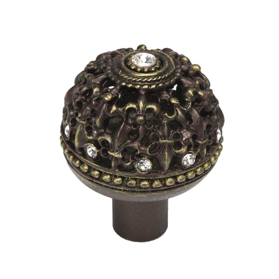 Carpe Diem Hardware - Carpe Diem Hardware 7612-3C Versailles Antique Brass Large Round Knob Fleur De Lys Open Basket W/ Swarovski Crystals - Antique Brass