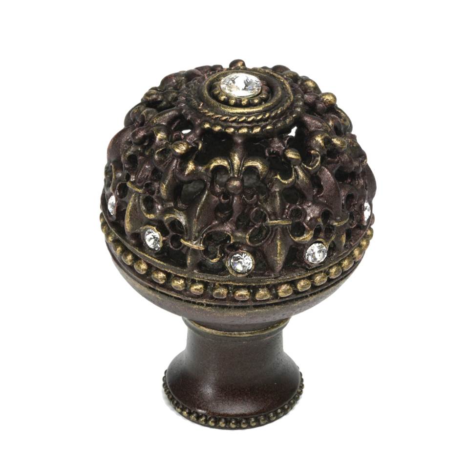 Carpe Diem Hardware - Carpe Diem Hardware 7612B-3C Versailles Antique Brass Large Round Knob Fleur De Lys Open Basket W/ Swarovski Crystals And Flared Foot - Antique Brass