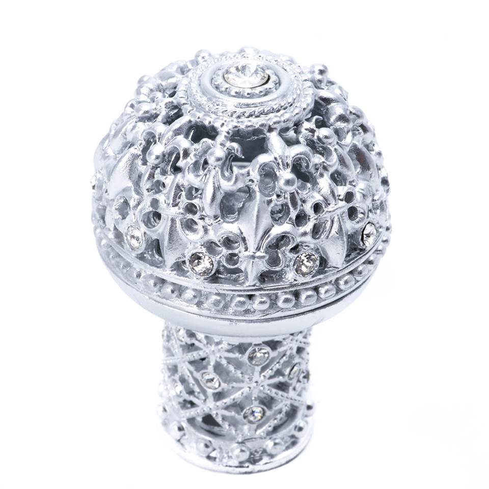 Carpe Diem Hardware - Carpe Diem Hardware 7615-24C Versailles Platinum Large Round Knob Fleur De Lys Open Basket Decorative Column Foot W/ Swarovski Crystals - Platinum