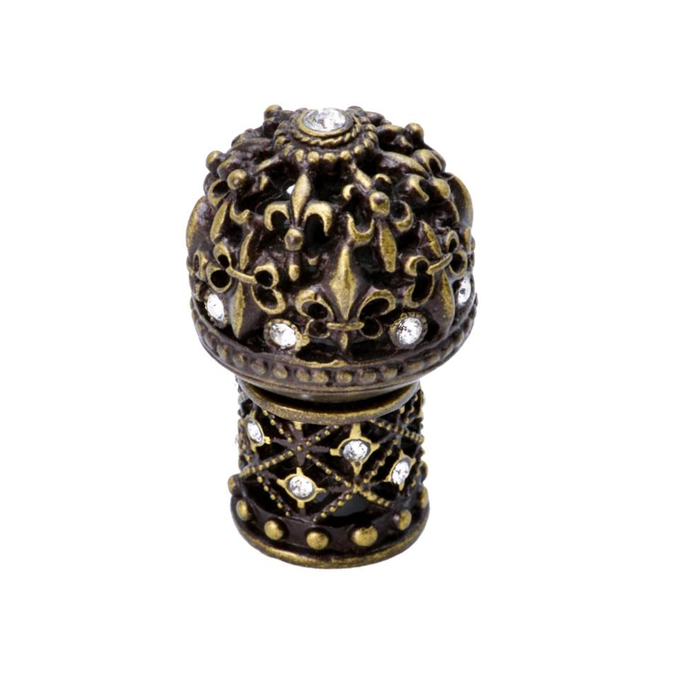 Carpe Diem Hardware - Carpe Diem Hardware 7616-3C Versailles Antique Brass Medium Round Knob Fleur De Lys Open Basket Decorative Column Foot W/ Swarovski Crystals - Antique Brass