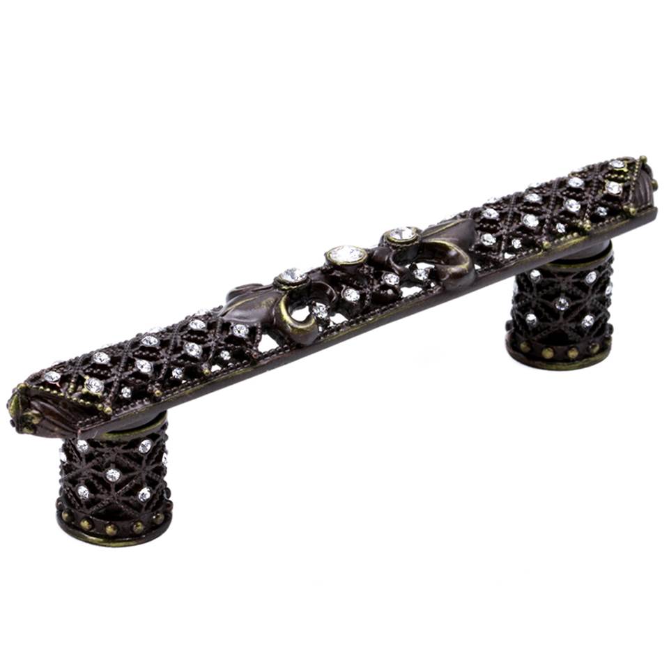Carpe Diem Hardware - Carpe Diem Hardware 7635-3C Versailles Antique Brass 4'' O.C. Small Pull Fleur De Lys W/ Swarovski Crystals And Decorative Column Feet - Antique Brass