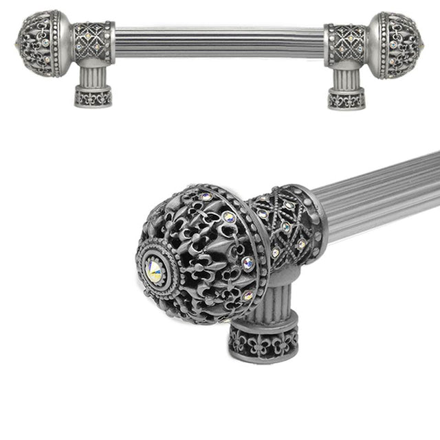 Carpe Diem Hardware - Carpe Diem Hardware 7646R-11Ab Versailles Satin Fleur De Lys 6'' O.C. Approx Long Pull Large Finial W/ Swarovski Crystals W/ 5/8'' Reeded Center - Satin