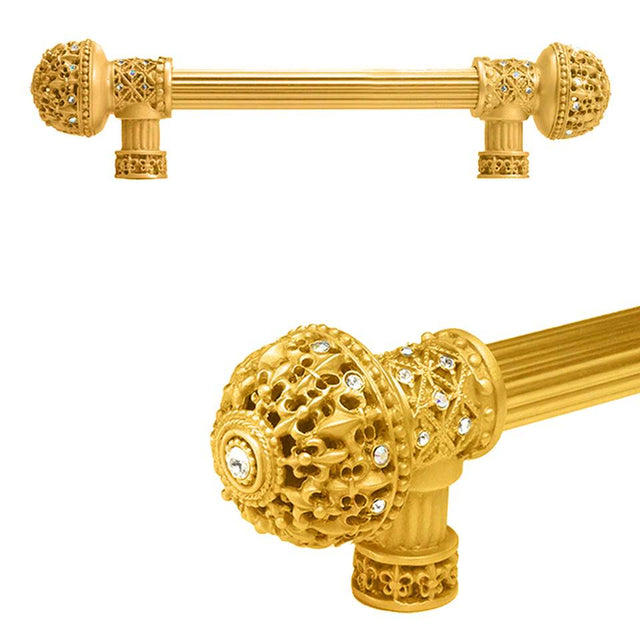 Carpe Diem Hardware - Carpe Diem Hardware 7646R-8Cab Versailles Gilded Mercury Fleur De Lys 6'' O.C. Approx Long Pull Large Finial W/ Swarovski Crystals W/ 5/8'' Reeded Center - Gilded Mercury