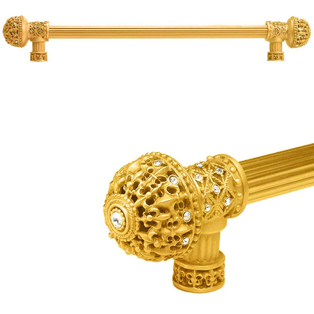 Carpe Diem Hardware - Carpe Diem Hardware 7649R-8Cab Versailles Gilded Mercury Fleur De Lys 18'' O.C. Approx Long Pull Large Finial W/ Swarovski Crystals W/ 5/8'' Reeded Center - Gilded Mercury