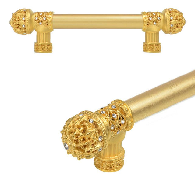 Carpe Diem Hardware - Carpe Diem Hardware 7653-8C Versailles Gilded Mercury Fleur De Lys 6'' O.C. Approx Long Pull Small Finial W/ Swarovski Crystals W/ 5/8'' Smooth Center - Gilded Mercury