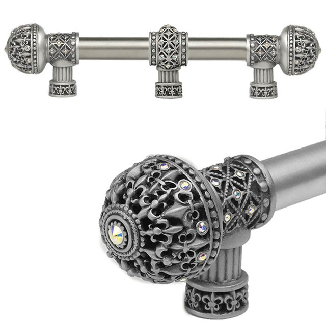 Carpe Diem Hardware - Carpe Diem Hardware 7660-11Ab Versailles Satin Fleur De Lys 6'' O.C. Approx Long Pull Large Finial W/ Swarovski Crystals W/ 5/8'' Smooth Center W/ Center Brace - Satin