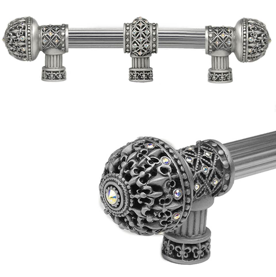 Carpe Diem Hardware - Carpe Diem Hardware 7660R-11Ab Versailles Satin Fleur De Lys 6'' O.C. Approx Long Pull Large Finial W/ Swarovski Crystals W/ 5/8'' Reeded Center W/ Center Brace - Satin