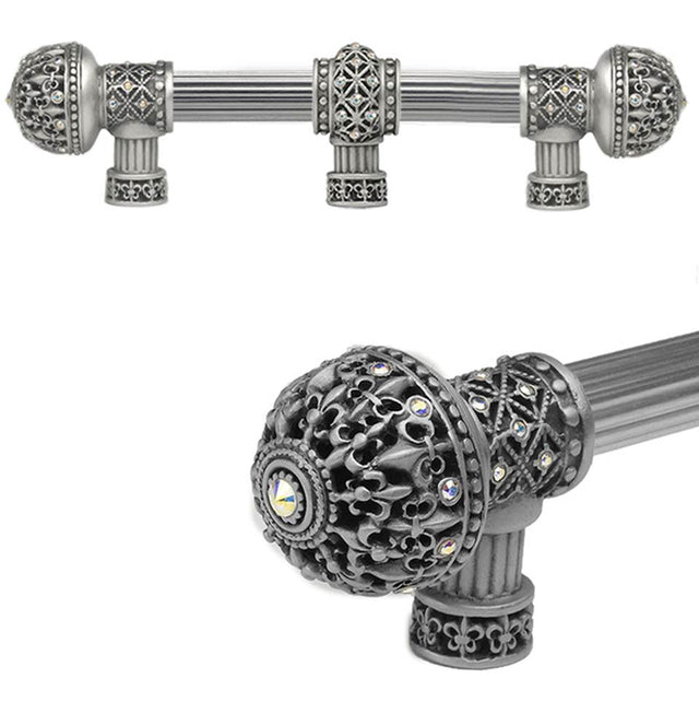 Carpe Diem Hardware - Carpe Diem Hardware 7660R-11Ab Versailles Satin Fleur De Lys 6'' O.C. Approx Long Pull Large Finial W/ Swarovski Crystals W/ 5/8'' Reeded Center W/ Center Brace - Satin