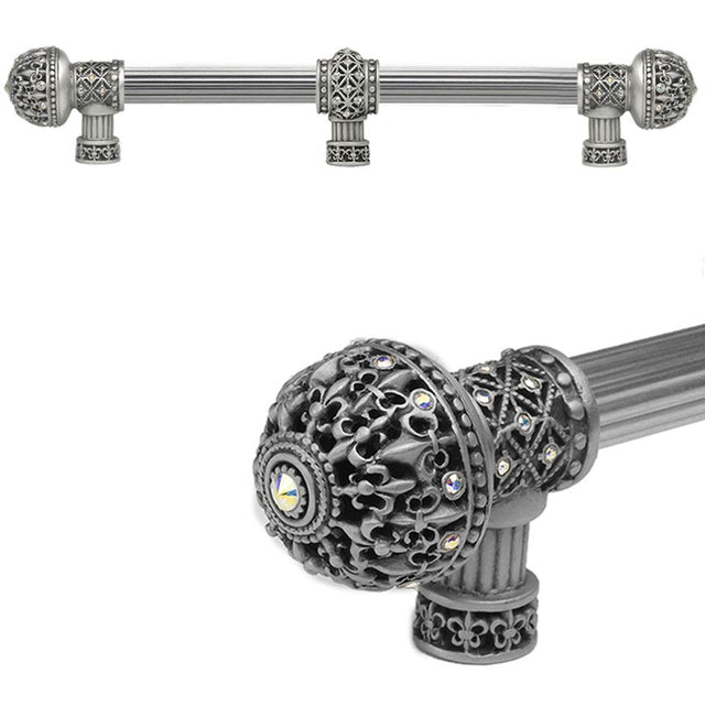 Carpe Diem Hardware - Carpe Diem Hardware 7662R-11Ab Versailles Satin Fleur De Lys 12'' O.C. Approx Long Pull Large Finial W/ Swarovski Crystals W/ 5/8'' Reeded Center W/ Center Brace - Satin